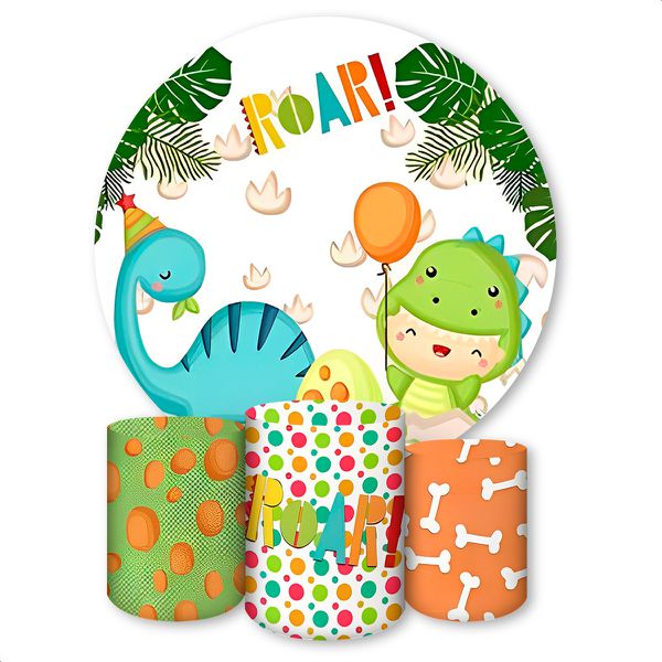 Kit Capa Painel Redondo + Trio Capas Cilindros Sublimados Tema Dino Baby 1148