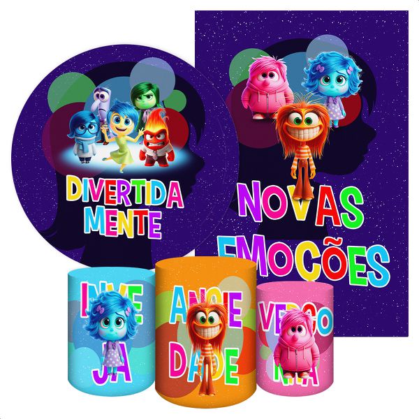 Kit 5 Peças Capa Redonda + Capa Retangular + Trio Capas Cilindros Sublimados Tema Divertida Mente 2212