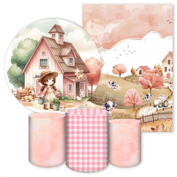 Kit 5 Peças Capa Redonda + Capa Retangular + Trio Capas Cilindros Sublimados Tema Fazendinha Menina Rosinha 4597