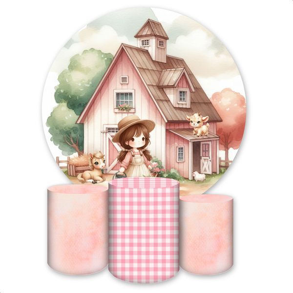 Capa Painel + Trio Capas Cilindros Sublimados Tema Fazendinha Menina Rosinha 4599