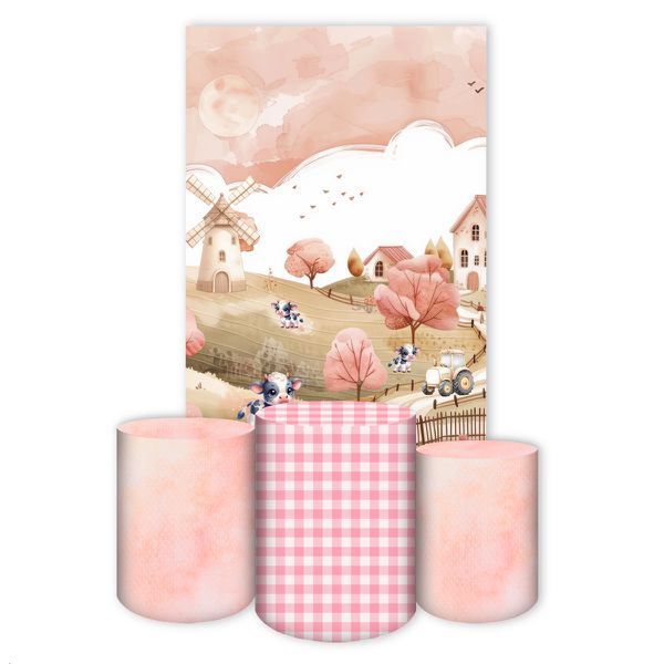 Capa Retangular + Trio Capas Cilindros Sublimados Tema Fazendinha Menina Rosinha 4597