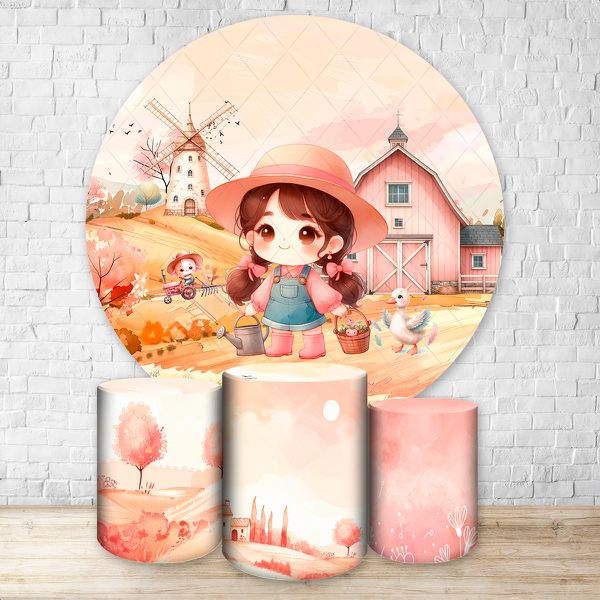 Capa Painel + Trio Capas Cilindros Sublimados Tema Fazendinha Rosa 2729