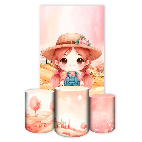 Capa Retangular + Trio Capas Cilindros Sublimados Tema Fazendinha Rosa 2729
