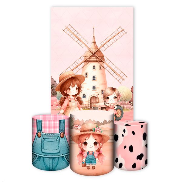 Capa Retangular + Trio Capas Cilindros Sublimados Tema Fazendinha Rosa 2730