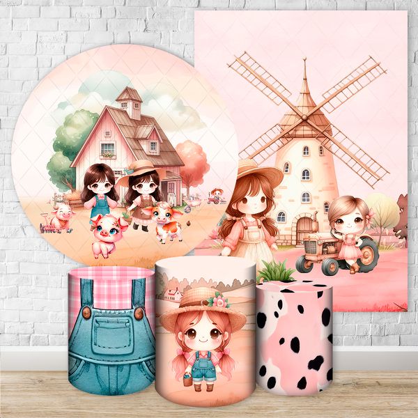 Kit 5 Peças Capa Redonda + Capa Retangular + Trio Capas Cilindros Sublimados Tema Fazendinha Rosa 2730