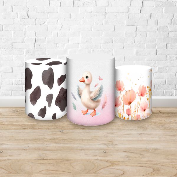 Trio Capas Cilindros Sublimados Tema Fazendinha Menina Rosinha claro 2732