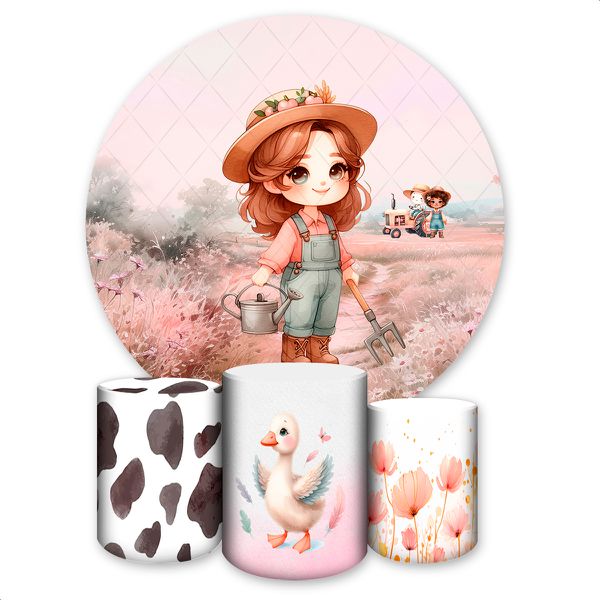 Capa Painel + Trio Capas Cilindros Sublimados Tema Fazendinha Rosinha claro 2732