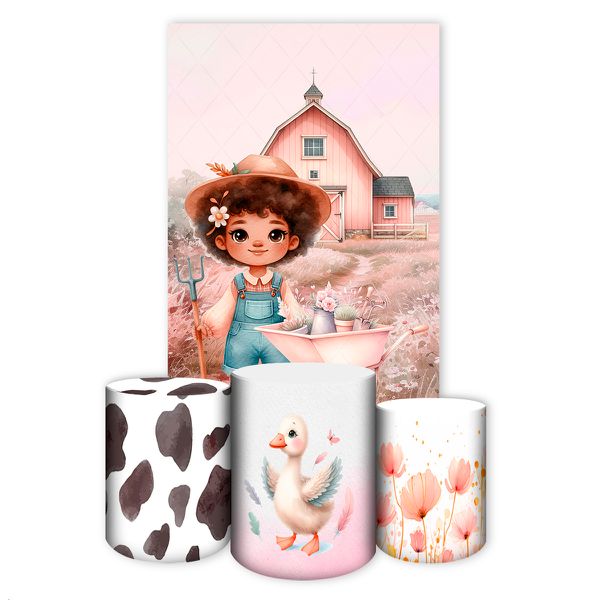 Capa Retangular + Trio Capas Cilindros Sublimados Tema Fazendinha Rosinha claro 2732
