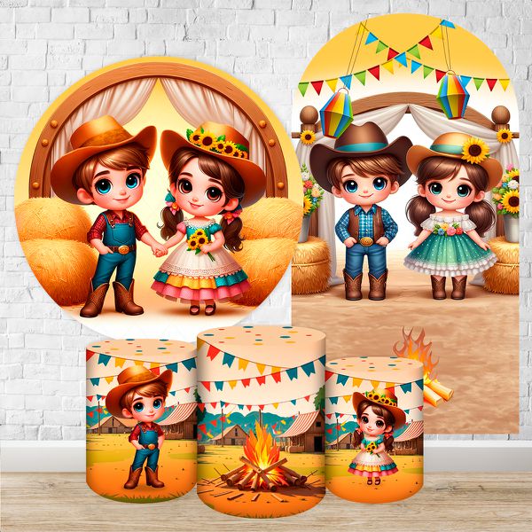 Kit 5 peças Capa Romano Veste Fácil+ Capa Redonda+ Trio Capas Cilindro Sublimados Tema Festa Junina 2196 