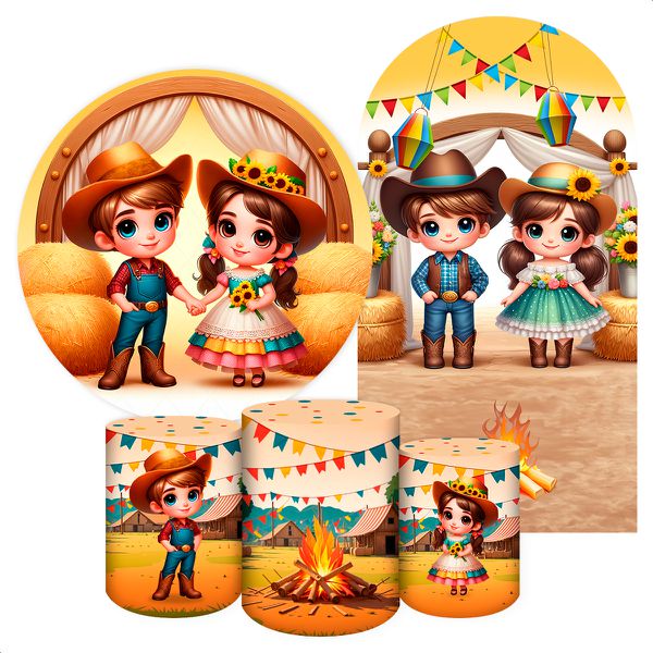 Kit 5 peças Capa Romano Veste Fácil+ Capa Redonda+ Trio Capas Cilindro Sublimados Tema Arraiá Festa Junina/ Julino 2196 