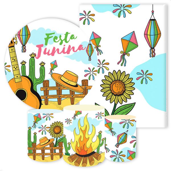 Kit 5 Peças Capa Redonda + Capa Retangular + Trio Capas Cilindros Sublimados Tema Festa Junina 86