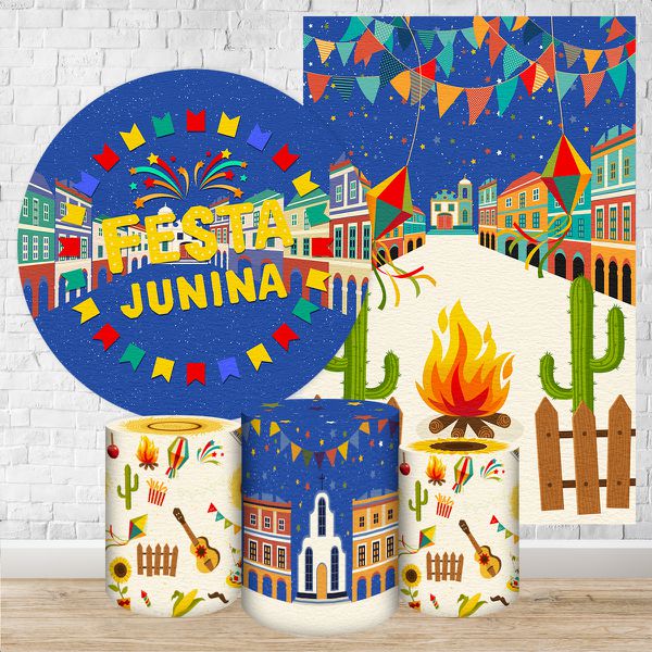 Kit 5 Peças Capa Redonda + Capa Retangular + Trio Capas Cilindros Sublimados Tema Festa Junina 2187