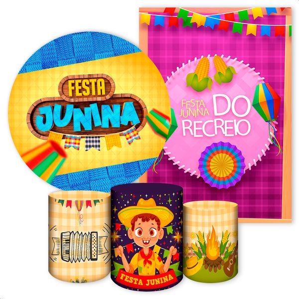 Kit 5 Peças Capa Redonda + Capa Retangular + Trio Capas Cilindros Sublimados Tema Festa Junina 2664