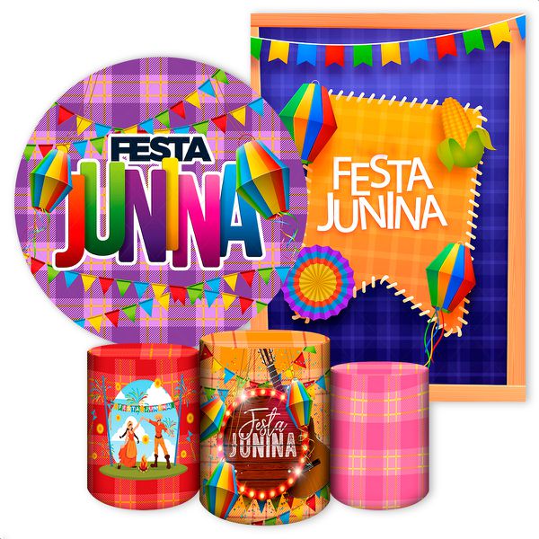 Kit 5 Peças Capa Redonda + Capa Retangular + Trio Capas Cilindros Sublimados Tema Festa Junina 2661