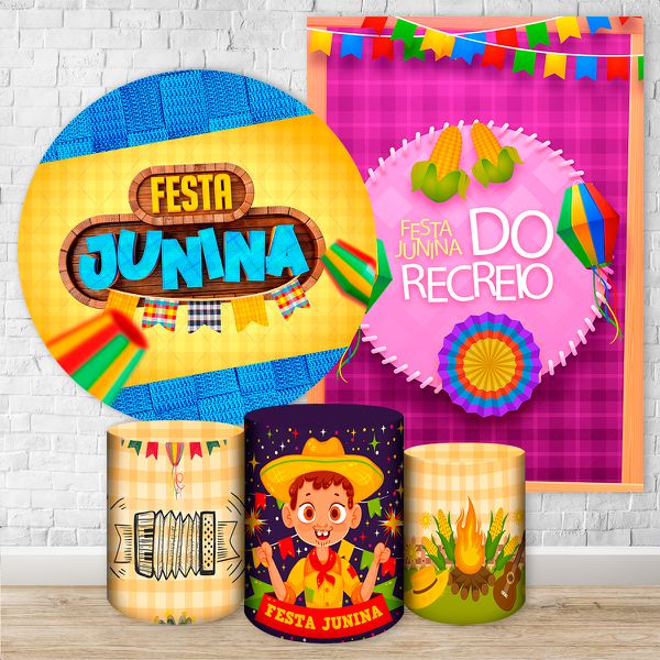 Kit 5 Peças Capa Redonda + Capa Retangular + Trio Capas Cilindros Sublimados Tema Festa Junina 2664