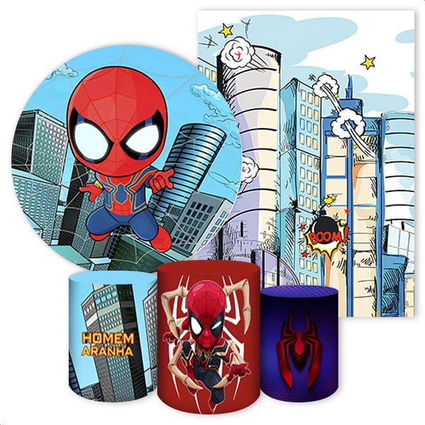 Kit 5 Peças Capa Redonda + Capa Retangular + Trio Capas Cilindros Sublimados Tema Homem Aranha 381