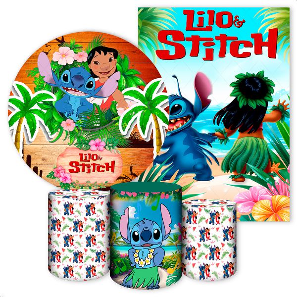 Kit 5 Peças Capa Redonda + Capa Retangular + Trio Capas Cilindros Sublimados Tema Lilo e Stitch 2593