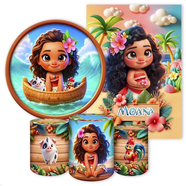 Kit 5 Peças Capa Redonda + Capa Retangular + Trio Capas Cilindros Sublimados Tema Moana 4055
