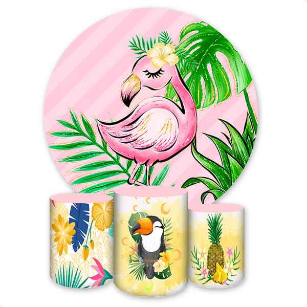 Capa Painel + Trio Capas Cilindros Sublimados Tema Flamingo 444
