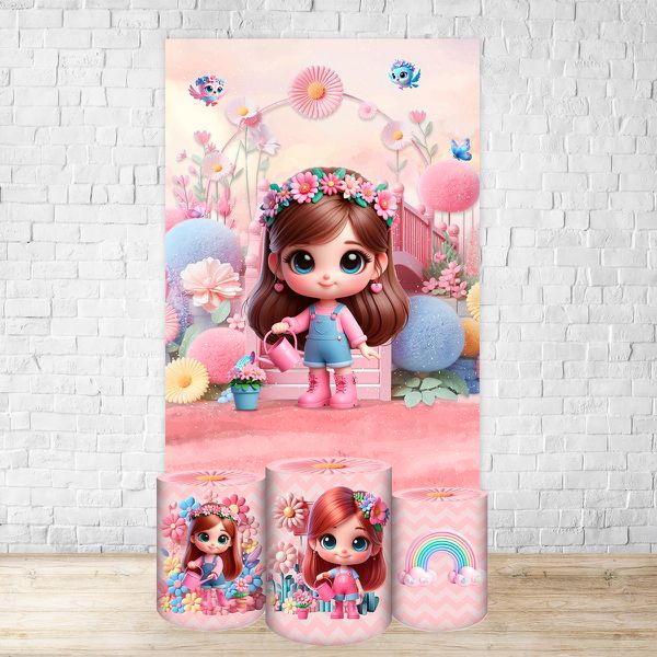 Capa Retangular + Trio Capas Cilindros Sublimados Tema Jardim Cute Rosinha 2216
