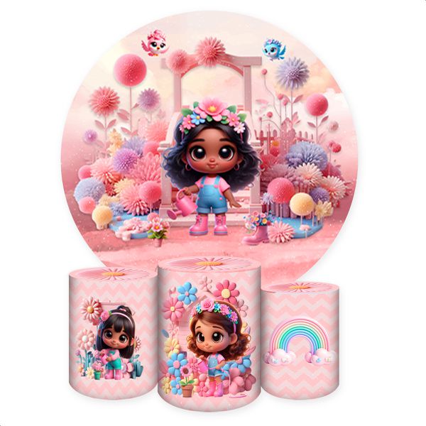 Capa Painel + Trio Capas Cilindros Sublimados Tema Jardim Cute Rosinha 2217