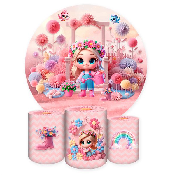 Capa Painel + Trio Capas Cilindros Sublimados Tema Jardim Cute Rosinha Loira 2218