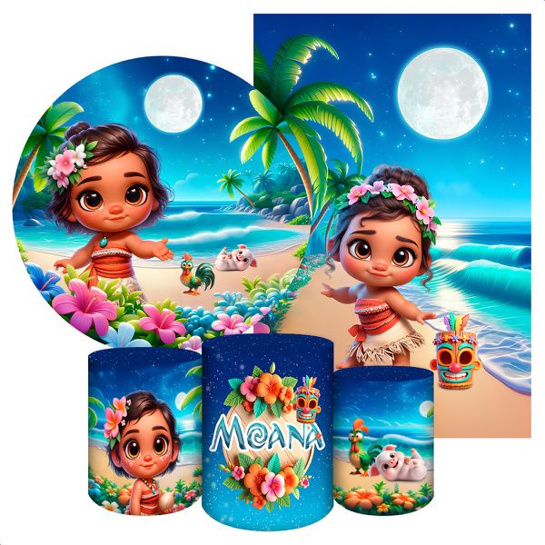 Kit 5 Peças Capa Redonda + Capa Retangular + Trio Capas Cilindros Sublimados Tema Moana 2051