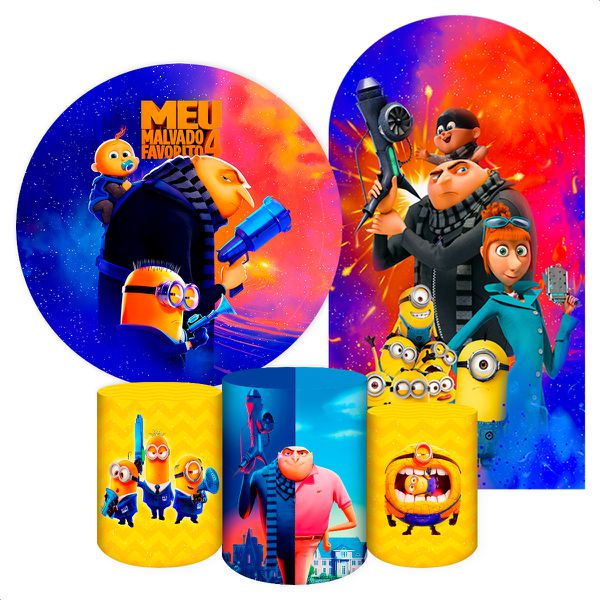 Kit 5 peças Capa Romano Veste Fácil+ Capa Redonda+ Trio Capas Cilindro Sublimados Tema Meu Malvado Favorito 2219