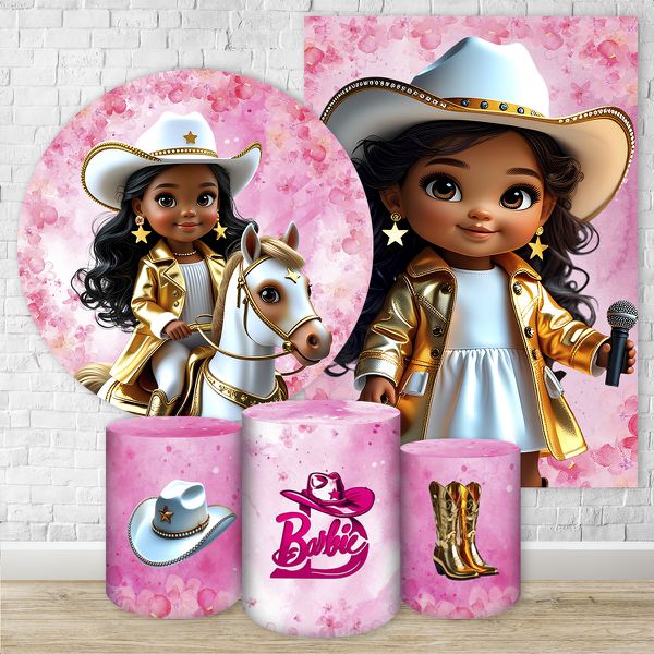 Kit 5 Peças Capa Redonda + Capa Retangular + Trio Capas Cilindros Sublimados Tema Barbie Boiadeira 4638