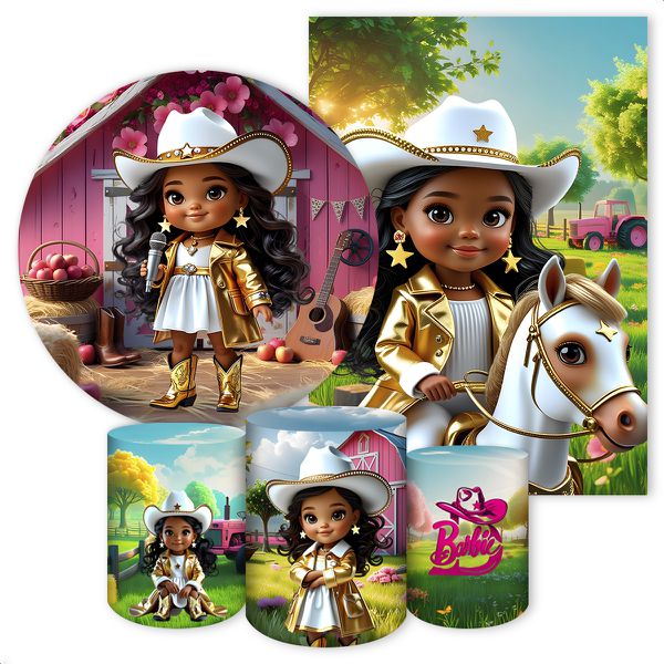 Kit 5 Peças Capa Redonda + Capa Retangular + Trio Capas Cilindros Sublimados Tema Barbie Boiadeira 4637