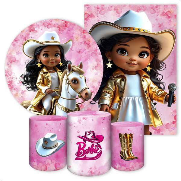 Kit 5 Peças Capa Redonda + Capa Retangular + Trio Capas Cilindros Sublimados Tema Barbie Boiadeira 4638