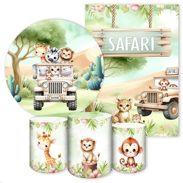 Kit 5 Peças Capa Redonda + Capa Retangular + Trio Capas Cilindros Sublimados Tema Safari 4641