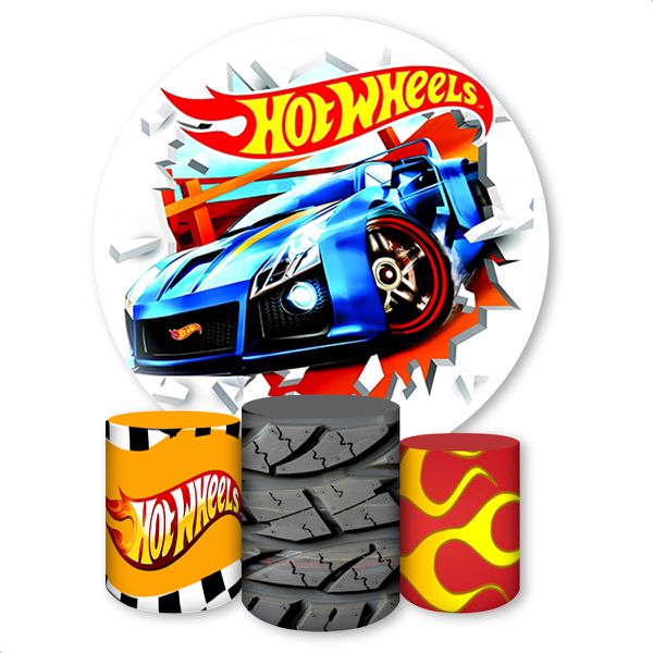 Kit Capa Painel Redondo + Trio Capas Cilindros Sublimados Tema Hotwheels 1605