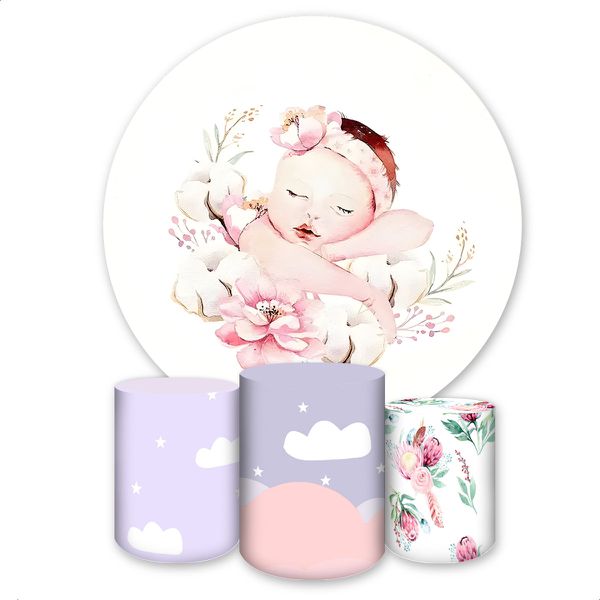 Kit Capa Painel Redondo + Trio Capas Cilindros Sublimados Tema Chá de Bebe 1866