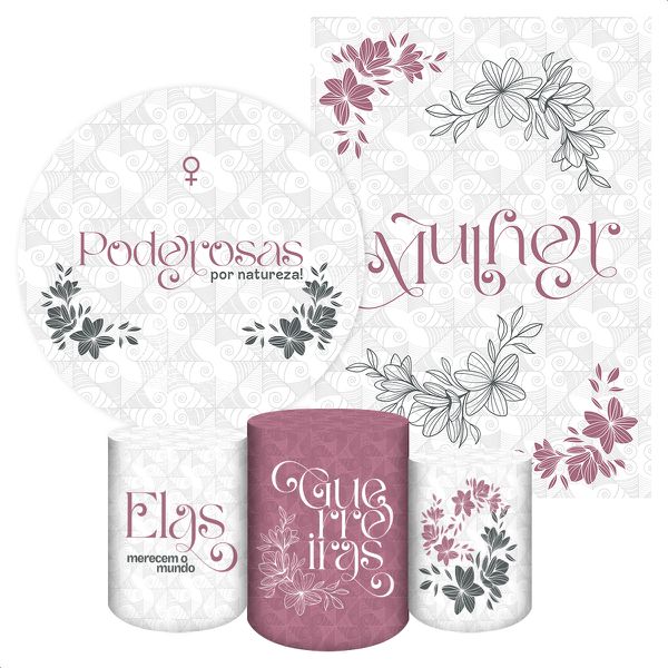 Kit 5 Peças Capa Redonda + Capa Retangular + Trio Capas Cilindros Sublimados Tema Dia da Mulher 2167
