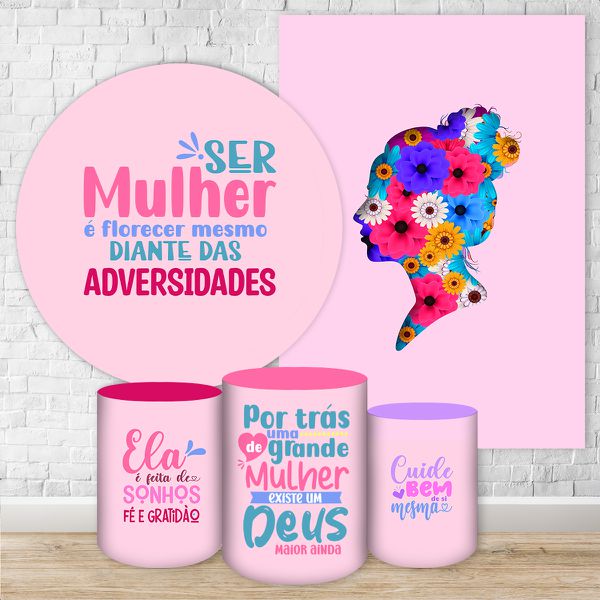 Kit 5 Peças Capa Redonda + Capa Retangular + Trio Capas Cilindros Sublimados Tema Dia da Mulher 2171