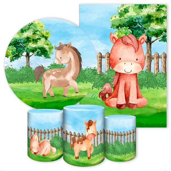 Kit 5 Peças Capa Redonda + Capa Retangular + Trio Capas Cilindros Sublimados Tema Cavalo 3101