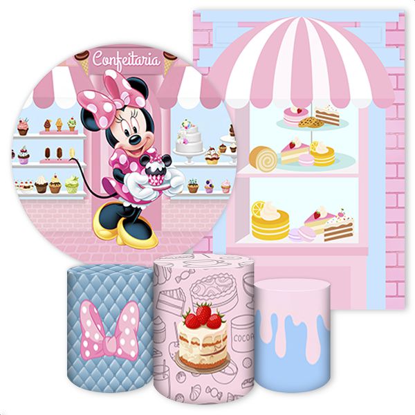 Kit 5 Peças Capa Redonda + Capa Retangular + Trio Capas Cilindros Sublimados Tema Minnie 4108