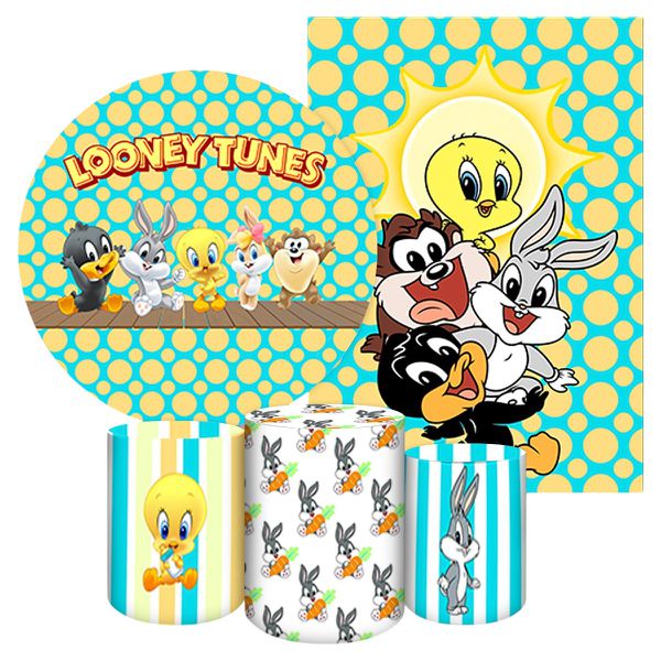 Kit 5 Peças Capa Redonda + Capa Retangular + Trio Capas Cilindros Sublimados Tema Baby Looney Tunes 4119