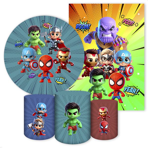 Kit Capa Painel Redondo + Capa Retangular + Trio Capas Cilindros Tema Vingadores 4130