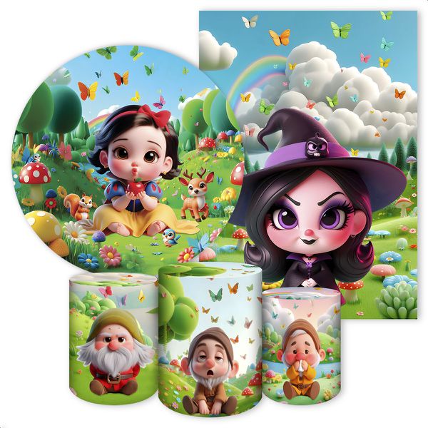 Kit 5 Peças Capa Redonda + Capa Retangular + Trio Capas Cilindros Sublimados Tema Branca de Neve 4620