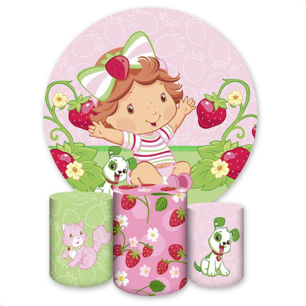 Kit Capa Painel Redondo + Trio Capas Cilindros Sublimados Tema Moranguinho 4632