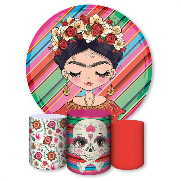 Kit Capa Painel Redondo + Trio Capas Cilindros Sublimados Tema Frida 498