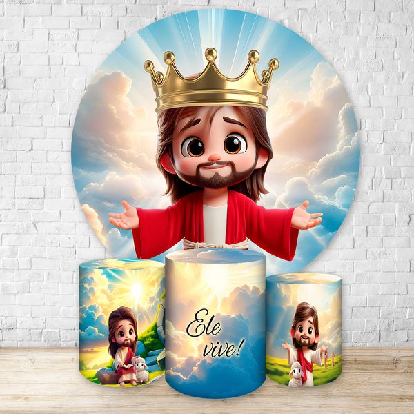 Kit Capa Painel Redondo + Trio Capas Cilindros Sublimados Tema Jesus 4648
