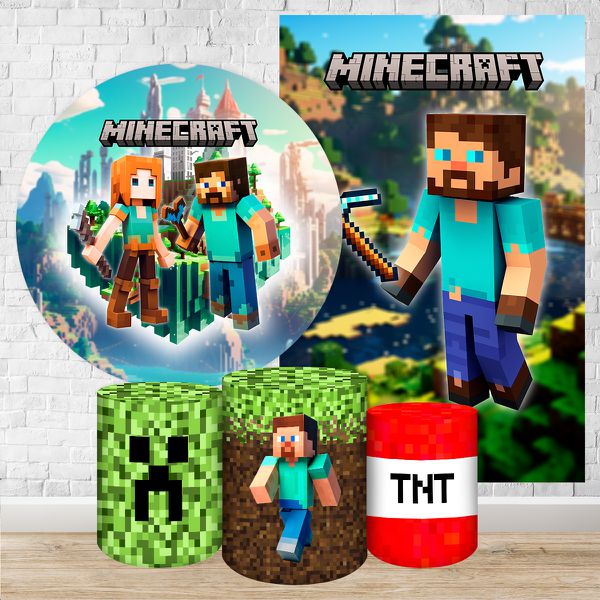 Kit 5 Peças Capa Redonda + Capa Retangular + Trio Capas Cilindros Sublimados Tema Minecraft 2213