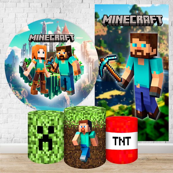 Kit 5 Peças Capa Redonda + Capa Retangular + Trio Capas Cilindros Sublimados Tema Minecraft 2213