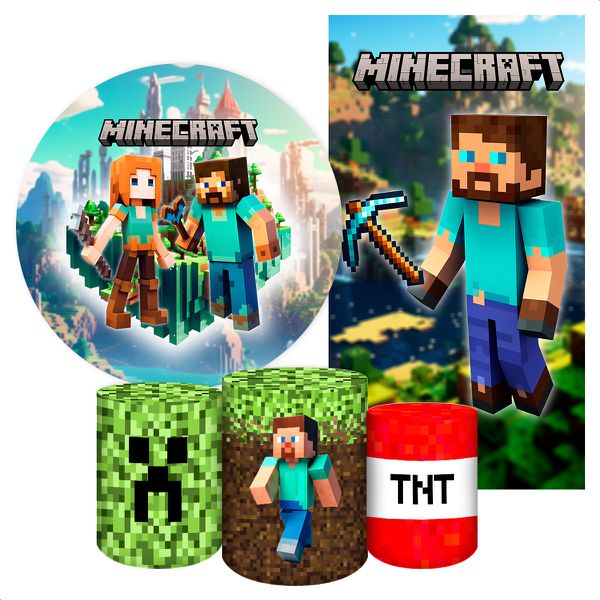 Kit 5 Peças Capa Redonda + Capa Retangular + Trio Capas Cilindros Sublimados Tema Minecraft 2213