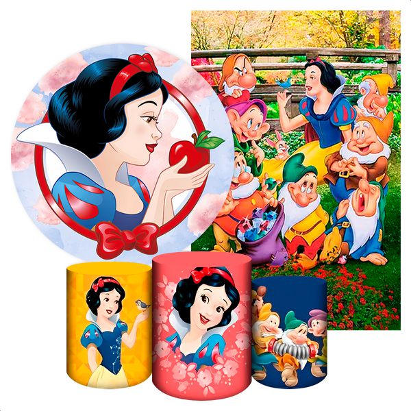 Kit 5 Peças Capa Redonda + Capa Retangular + Trio Capas Cilindros Sublimados Tema Branca de Neve 388