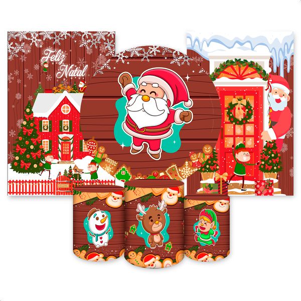 Kit Capa Painel Redondo + 2unid Capa Retangular + Trio Capas Cilindros Tema Natal 2513