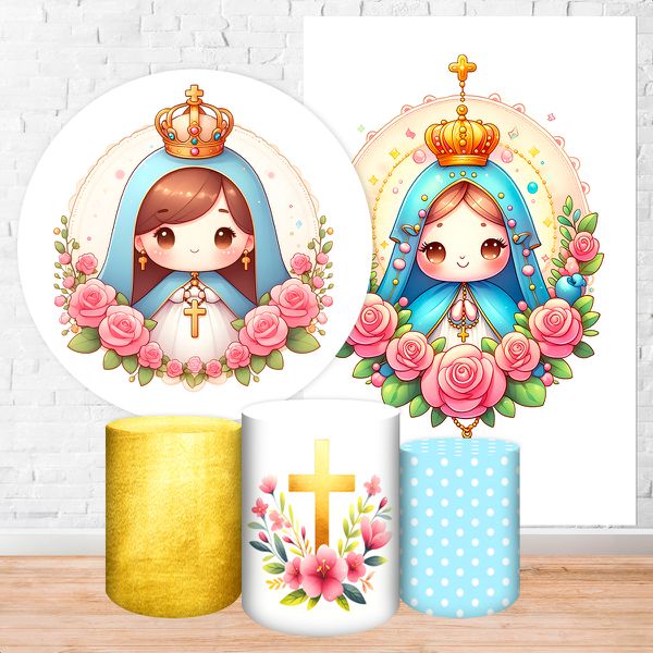Kit 5 Peças Capa Redonda + Capa Retangular + Trio Capas Cilindros Sublimados Tema Religioso/Nossa Senhora cute 2069